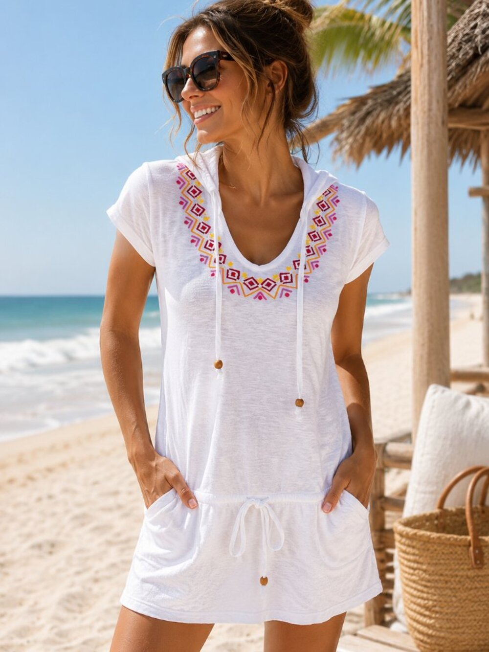 Athleta White Embroidered Beach Cover Up Tunic Hoodie- Size XXS